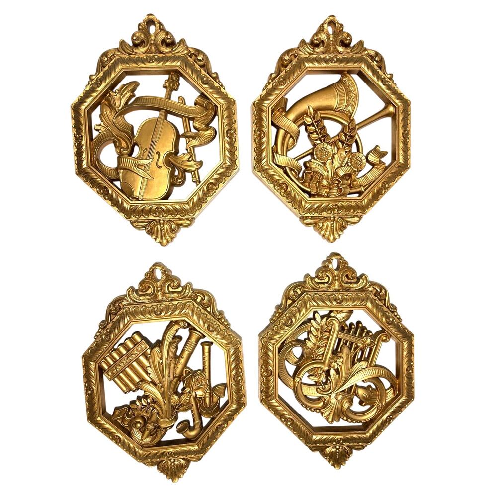 Vintage Homco Gold Colored Wall Decor Hanging Set of 4 Musical Instruments 1970s
